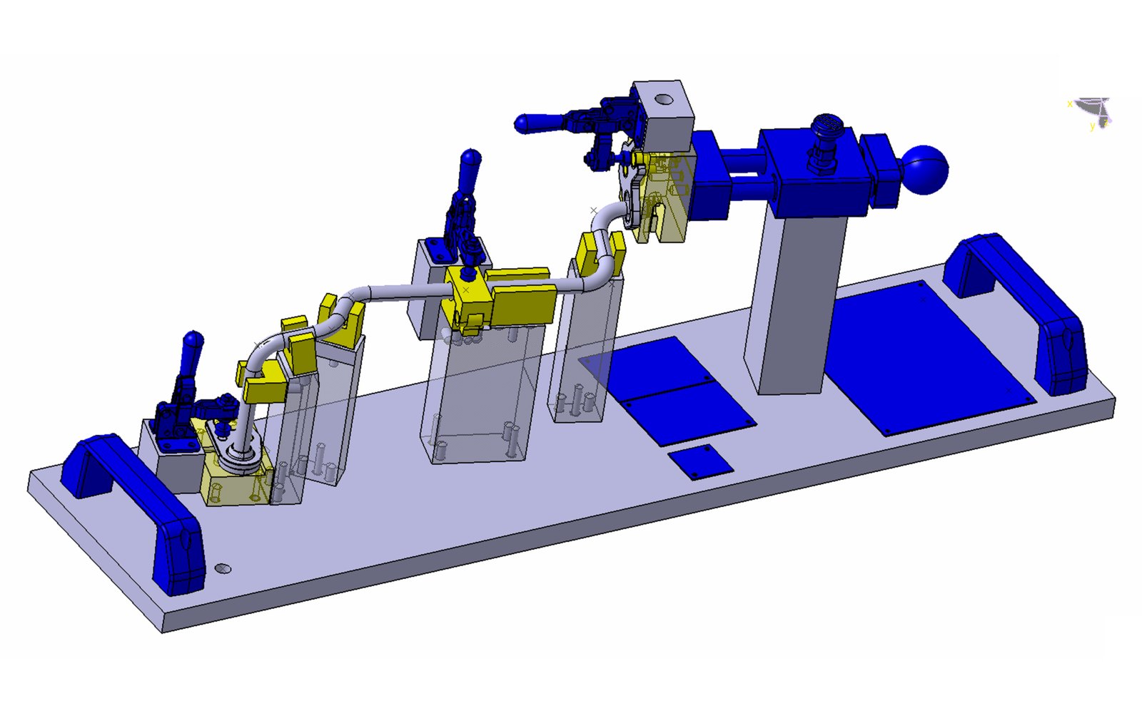 3D-Konstruktionsmodell einer Biegelehre für einen Rohrkrümmer mit Aufnahmen und Spannern, CAD-IS