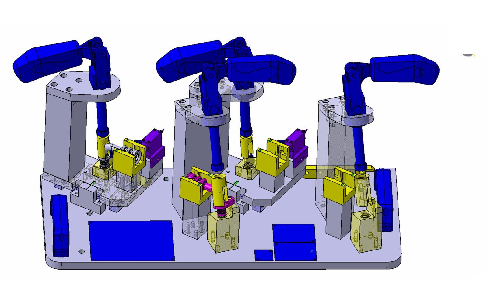 3D-Konstruktionsmodell einer Druckprüfvorrichtung mit drei Stationen, Kniehebelspannern und Dichtadaptern, CAD-IS Karben
