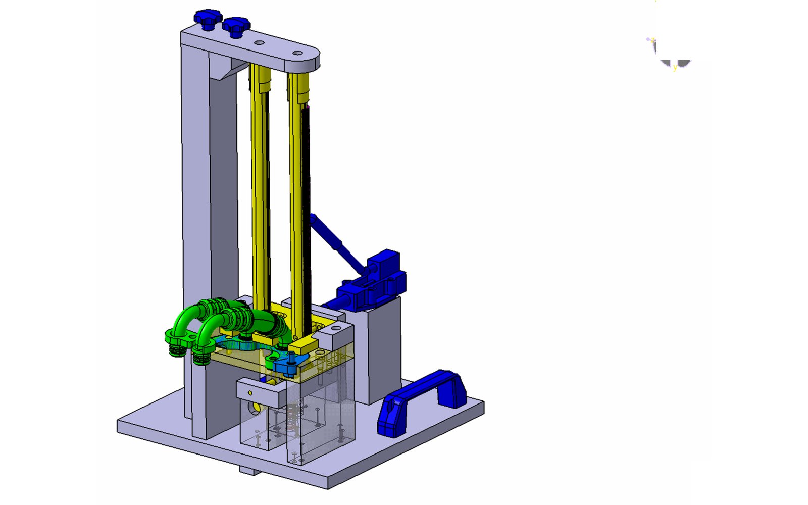 3D-Konstruktionsmodell einer Montagevorrichtung mit Führungssäulen, Aufnahme und Spanner, CAD-IS