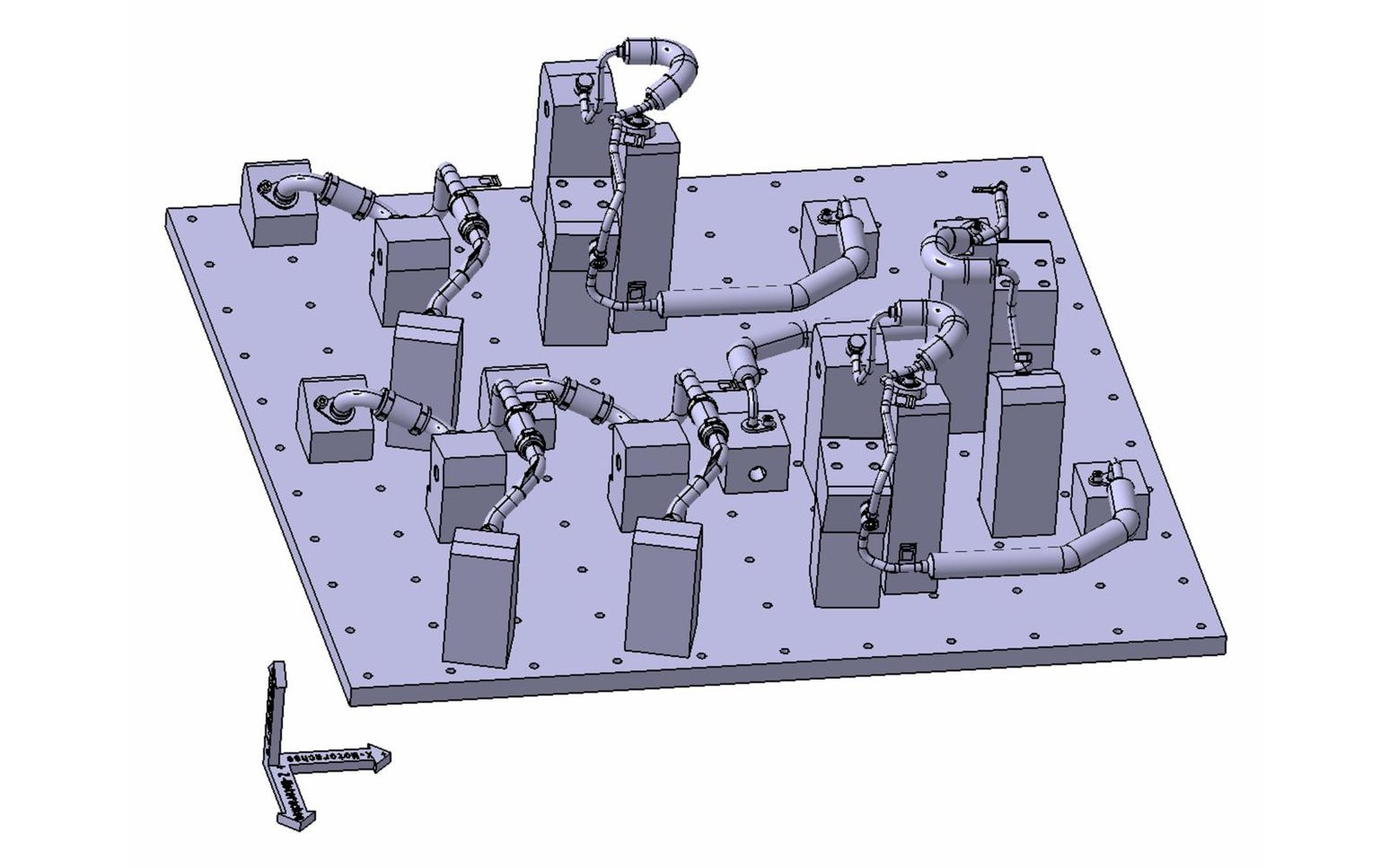 3D-Modell einer Prüfplatte mit Aufnahmen für eine Leitungsbaugruppe, CAD-IS