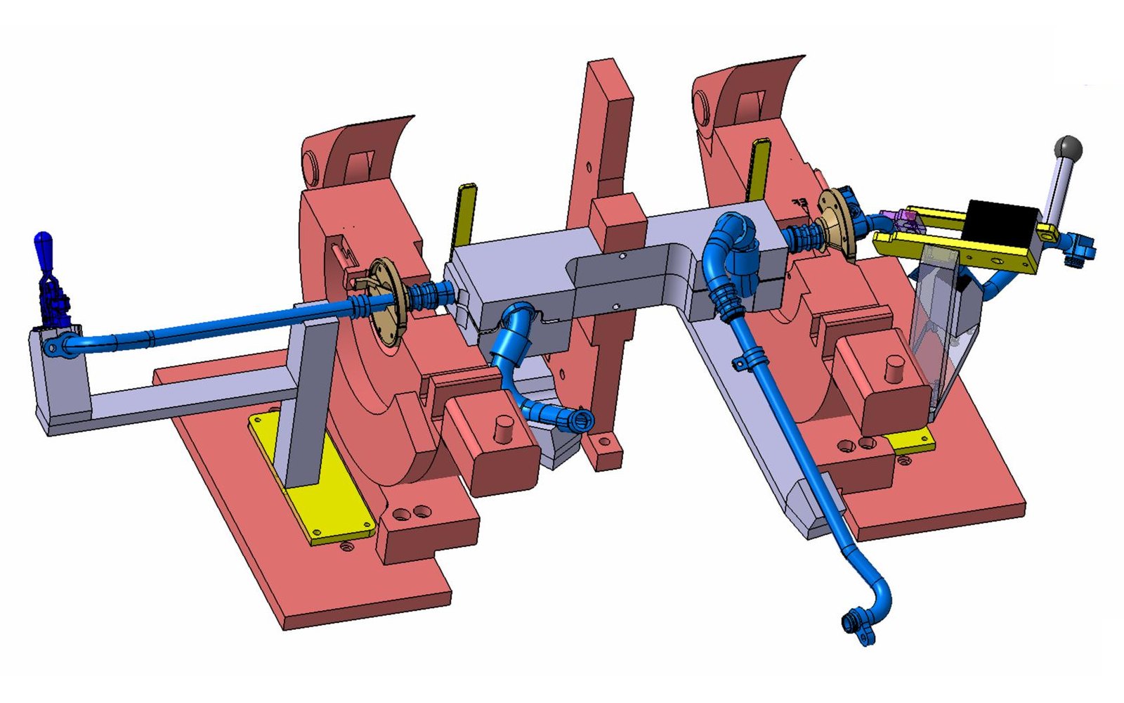 3D-Konstruktionsmodell einer Vorrichtung zur Hülsenverpressung an einer Leitung mit Aufnahmen und Spannern, CAD-IS